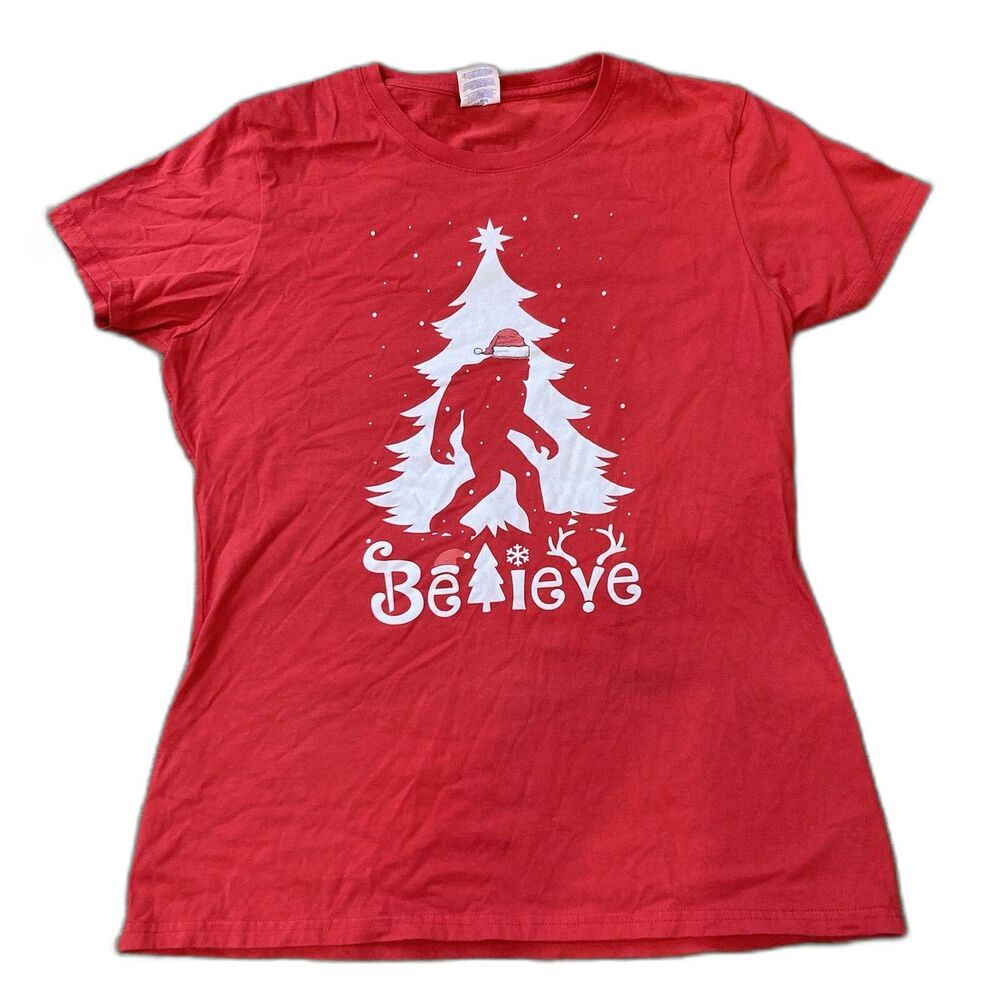 Bigfoot Santa Ladies Red Christmas Tee Shirt Sasquatch